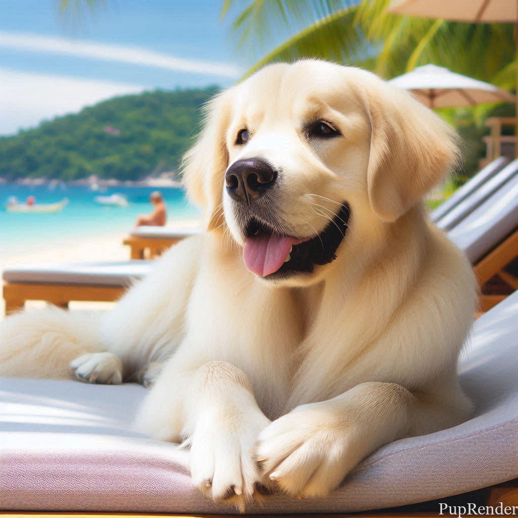 Golden Retriever playing in a beach, symbolizing the fun and playful spirit of PupRender.com.