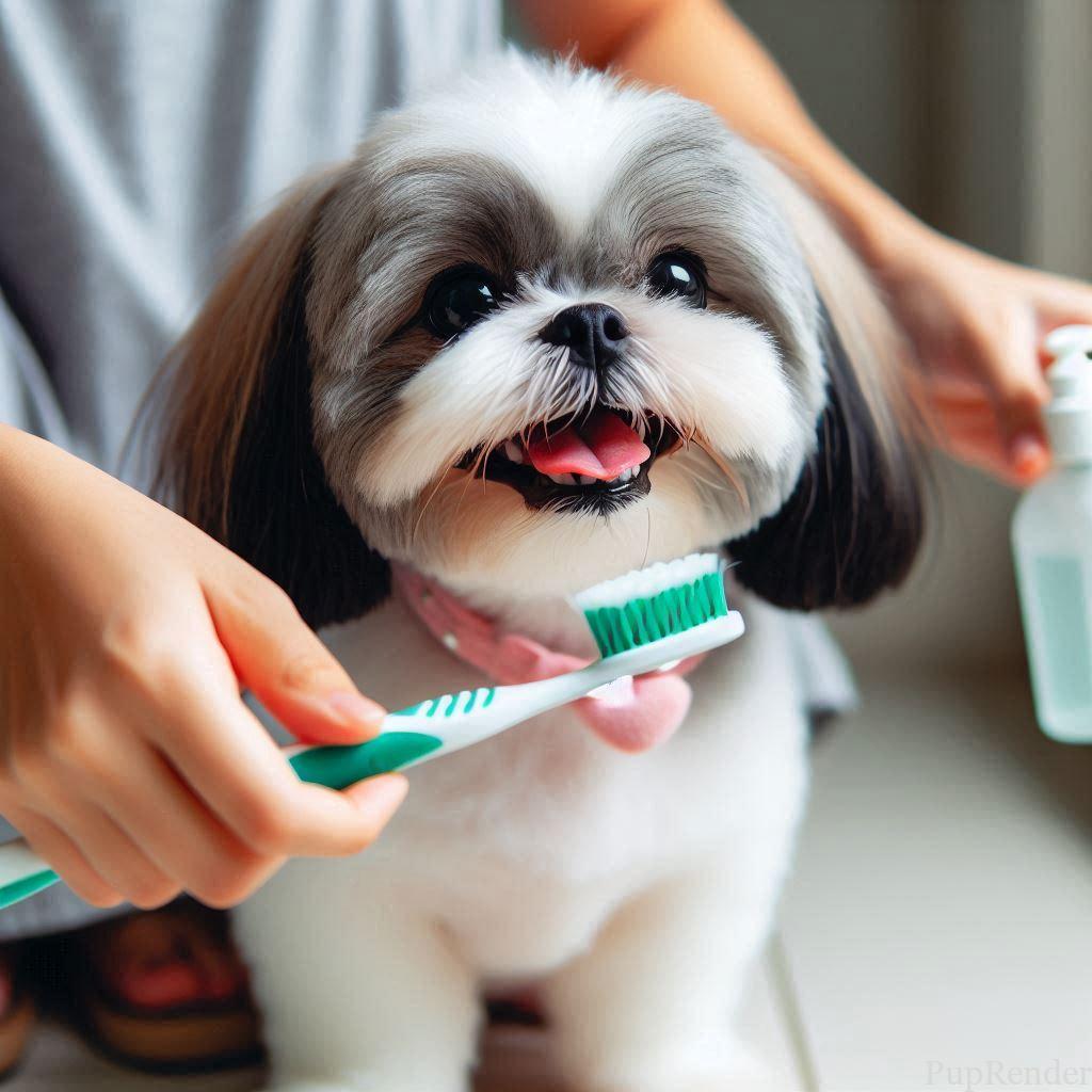 Dog having its teeth brushed.