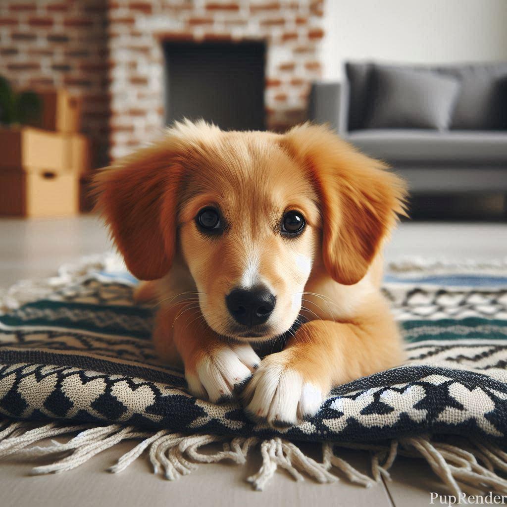 Dog lying on a familiar blanket in a new setting.