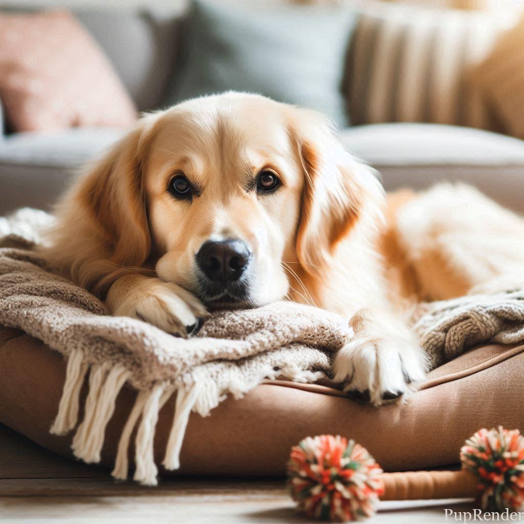 A calm dog resting on a comfortable bed.