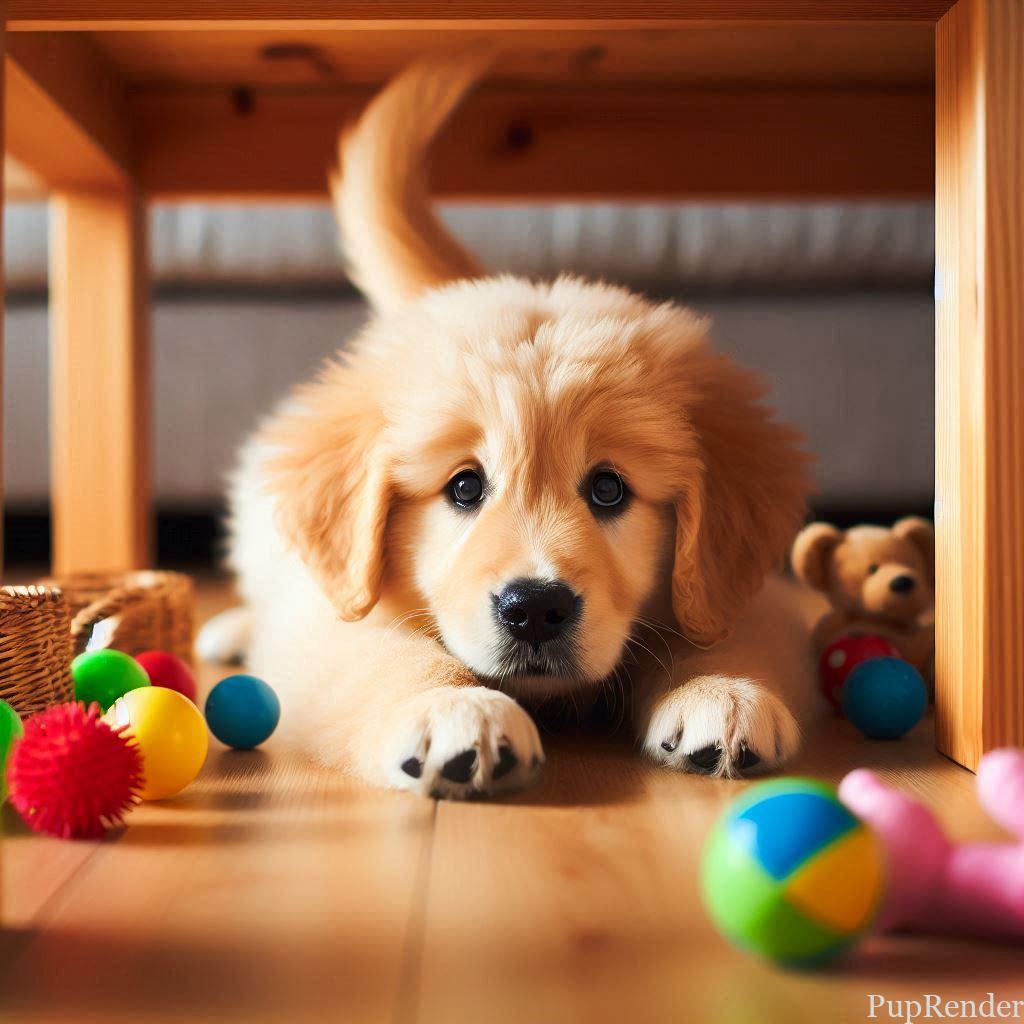A dog cowering under a table during a thunderstorm.