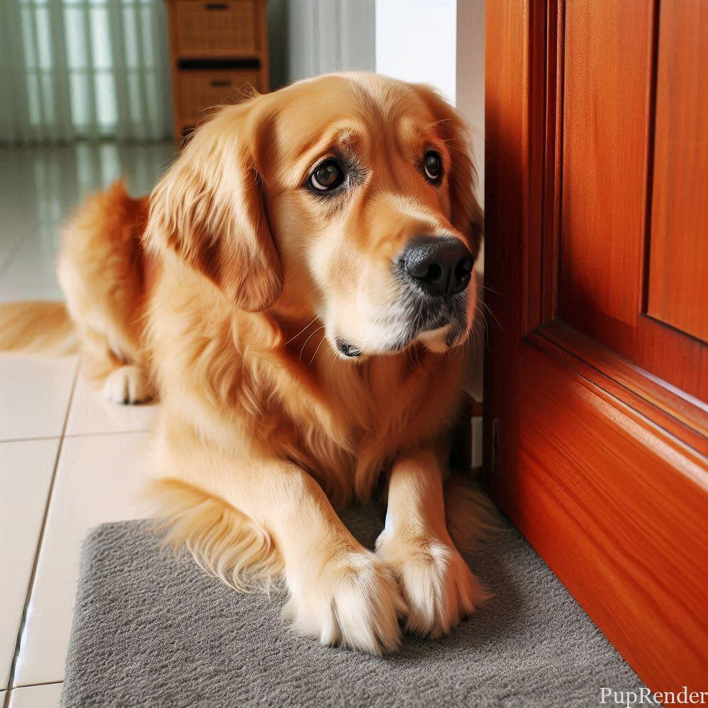 A golden retriever anxiously sitting by the door, waiting for their owner.