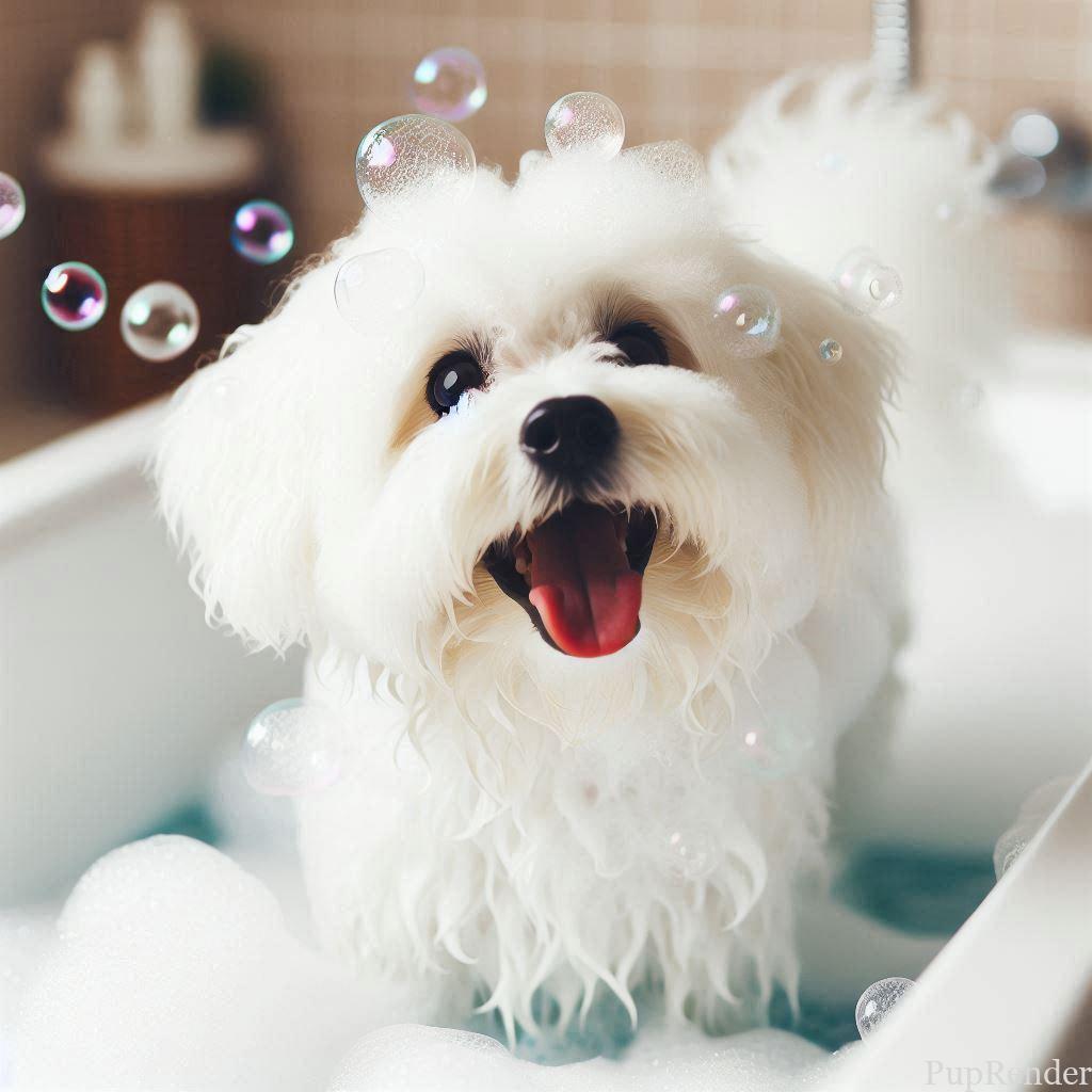 Dog enjoying a bath with gentle shampoo.