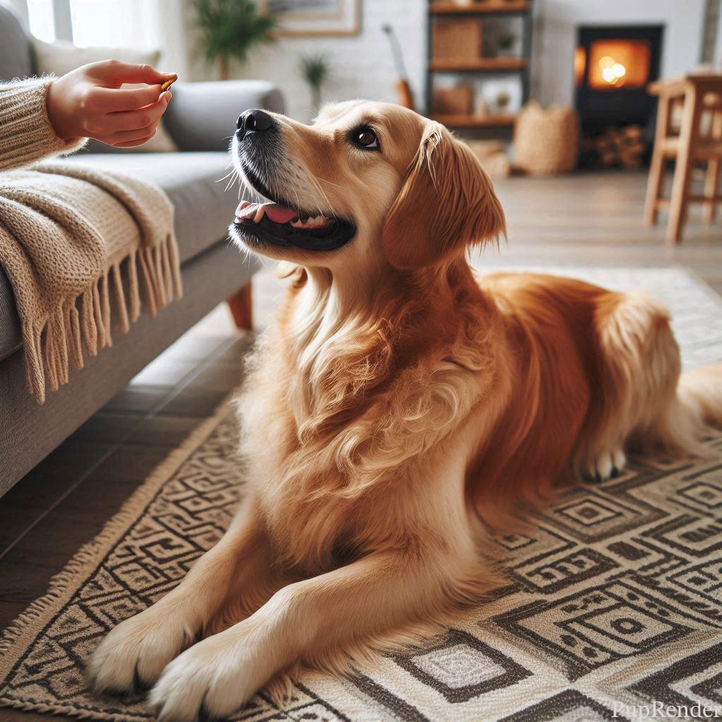 Dog sitting attentively during a short training session.