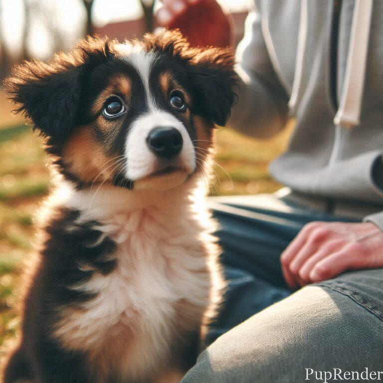 Dog sitting on command during a training session.