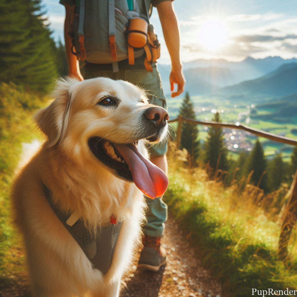 A dog happily hiking alongside its owner on a scenic trail.