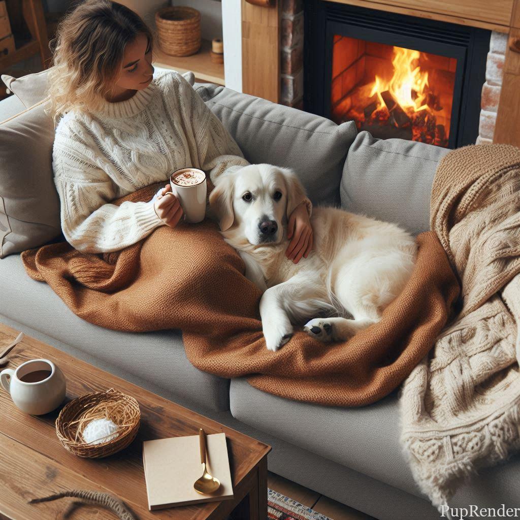 Owner cuddling with a dog on a couch.