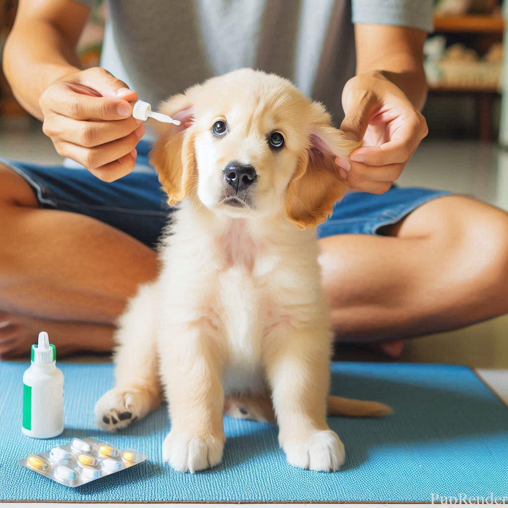 Vet cleaning a dog's ear gently with a cotton pad