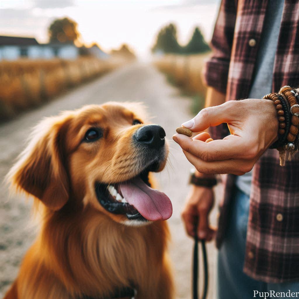 A happy dog receiving a treat after a successful command.