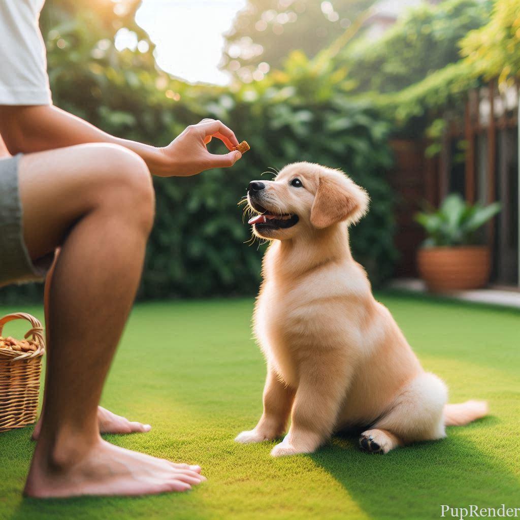 Puppy receiving a treat from its owner during training.
