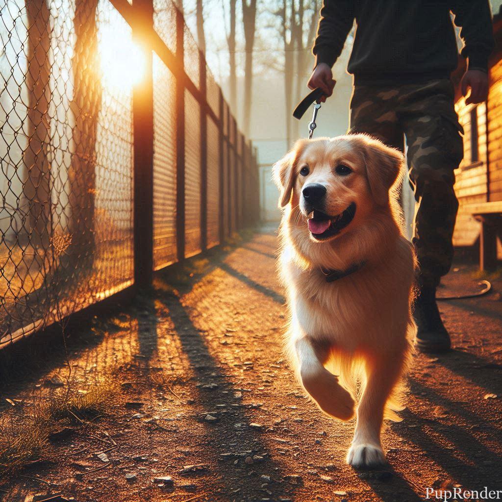 Dog walking freely in a fenced park.