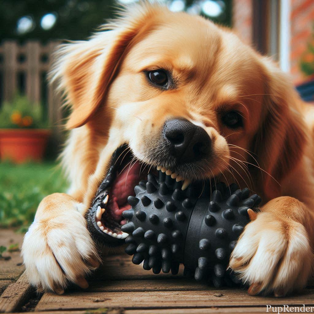 A dog chewing on a tough rubber toy.