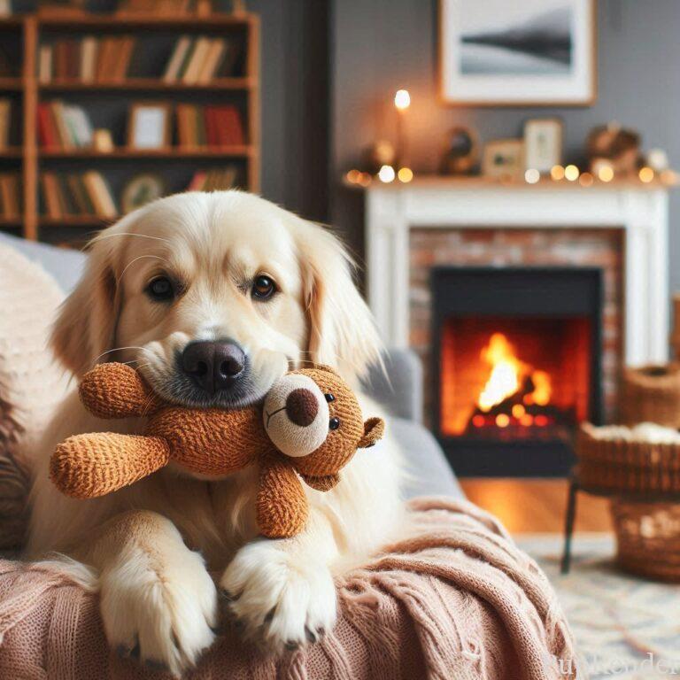 An ideal setup for a dog’s safe space with a comfy bed and toys.