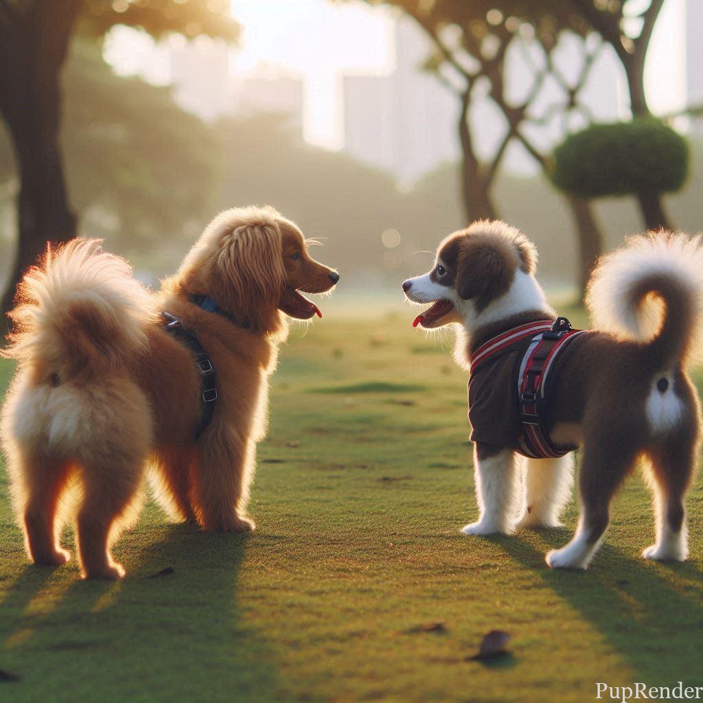 Two dogs meeting in a park, wagging their tails.
