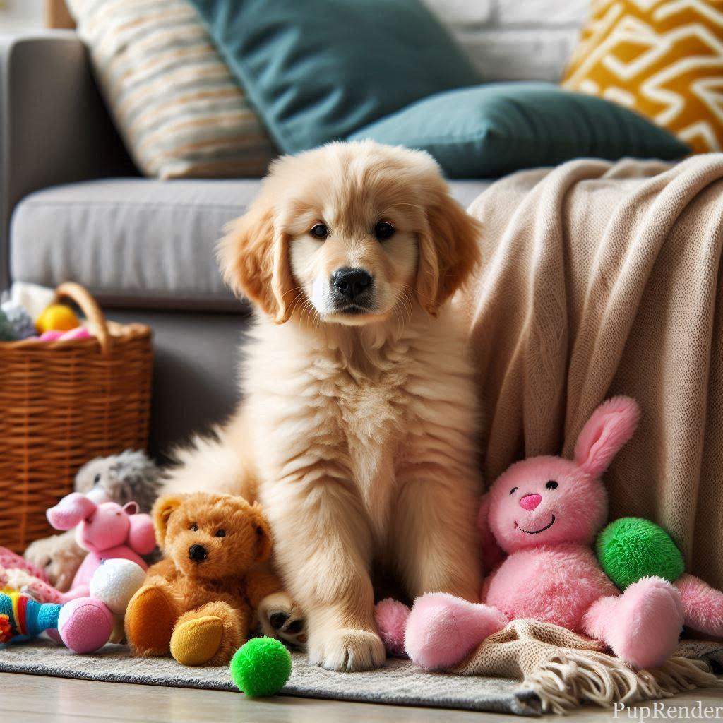 A cozy dog corner with toys and blankets.