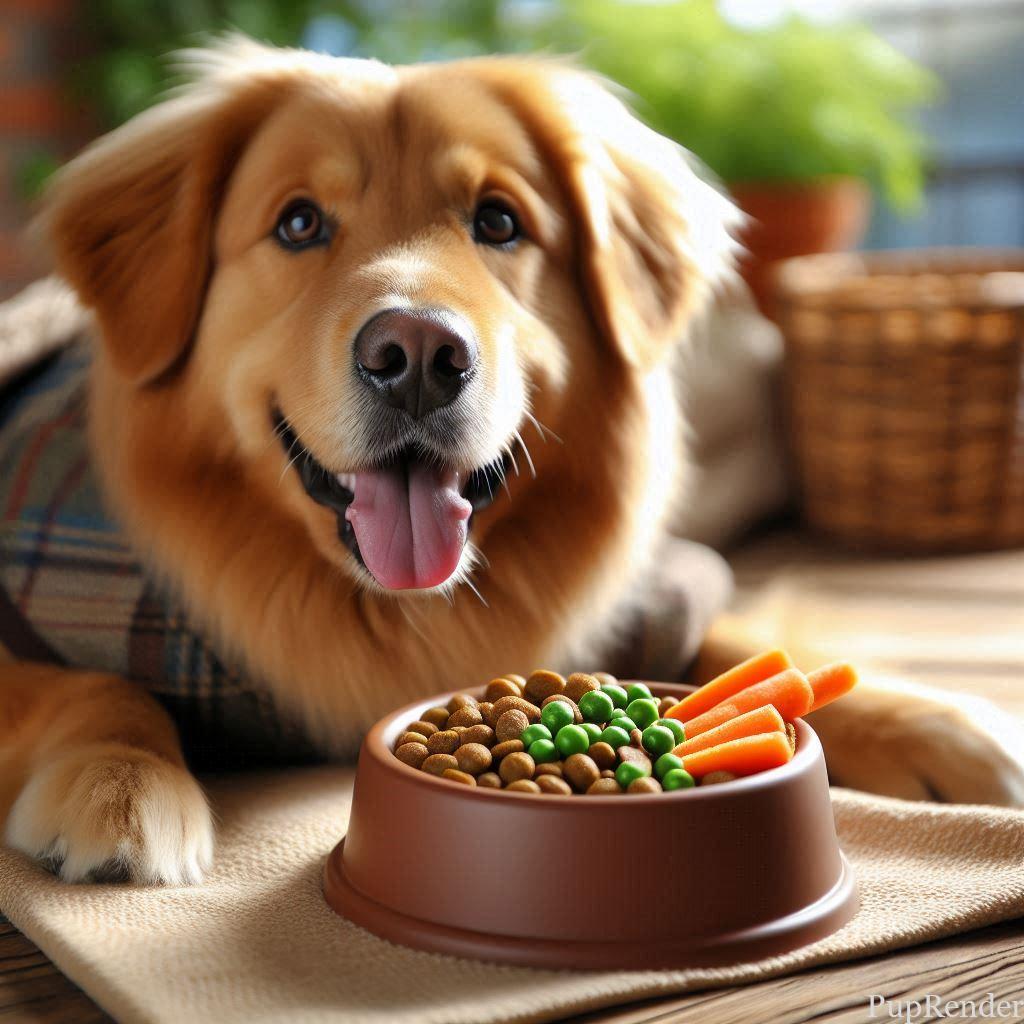 Happy dog eating a bowl of nutritious food