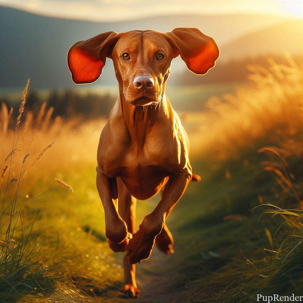 Vizsla running across a field.