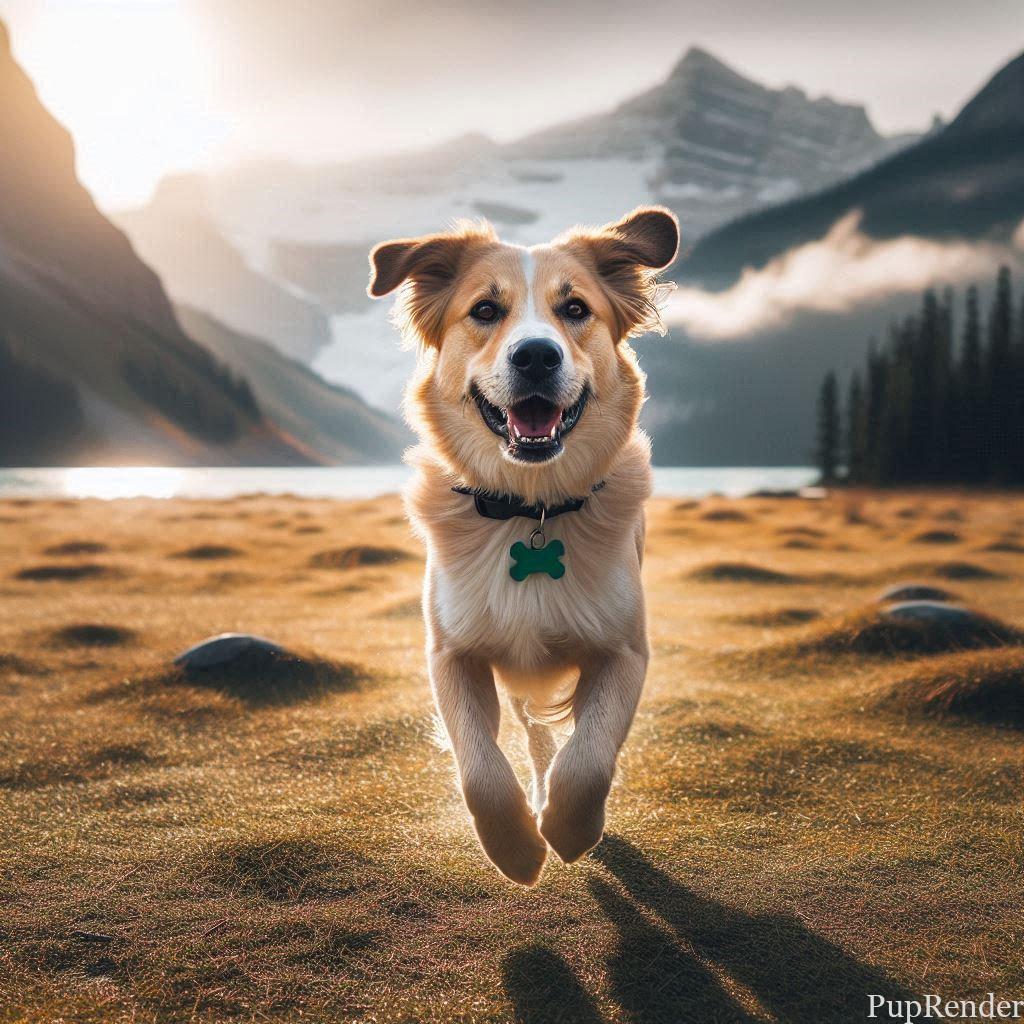 Dog running off-leash with visible ID collar.