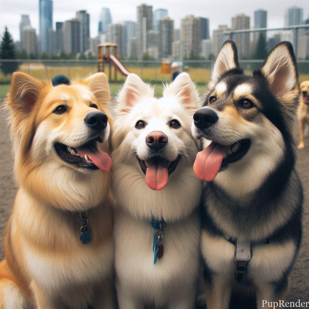 A bustling dog park filled with dogs of different breeds