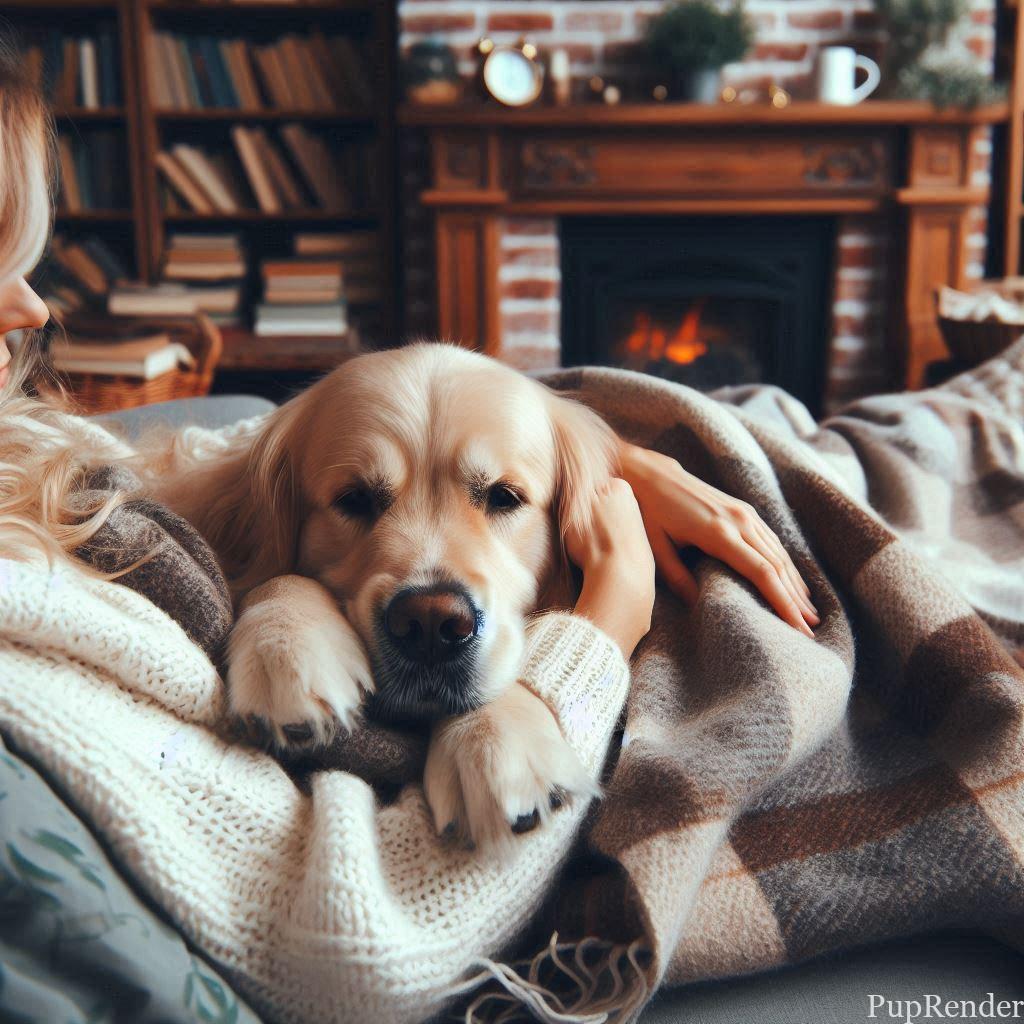 Dog snuggling with its owner on a couch