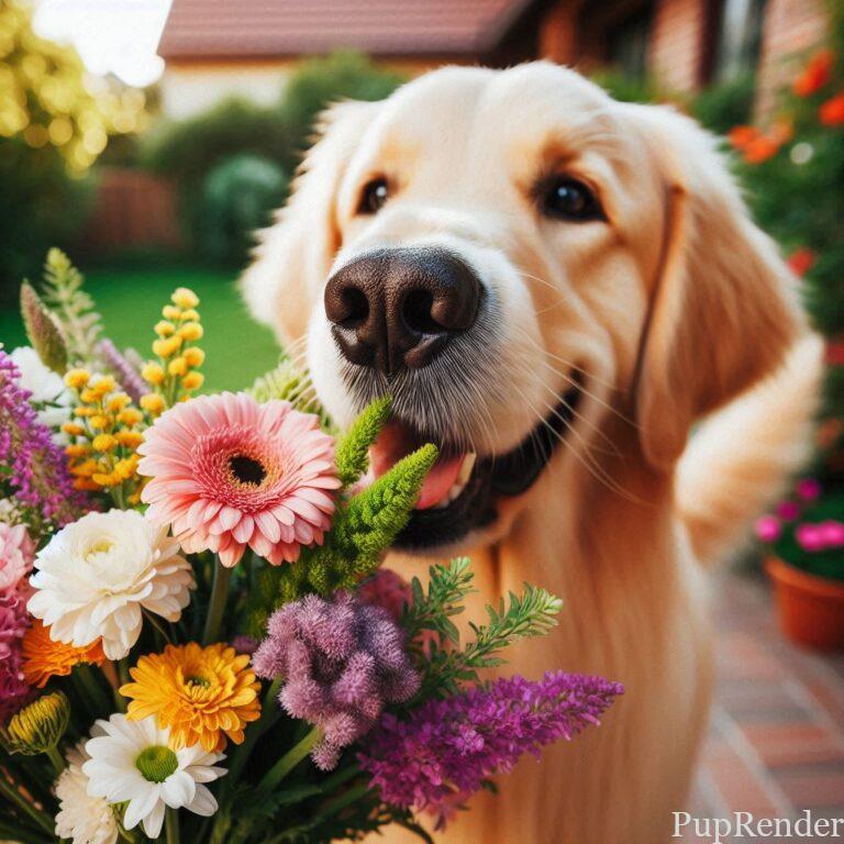 Dog looking at a colorful flowers