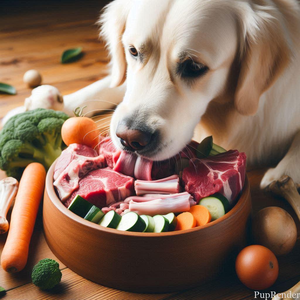 A cream golden retriever eating a bowl filled with fresh meat, bones, and vegetables, showcasing the variety of ingredients often included in a raw diet.