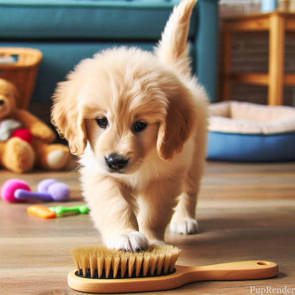A dog investigating grooming tools before use.