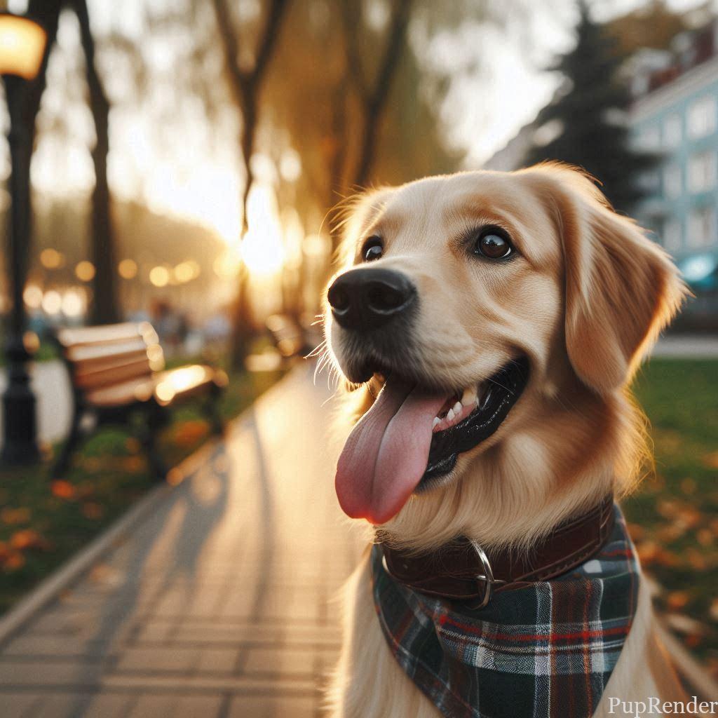Dog enjoying a walk in the park.
