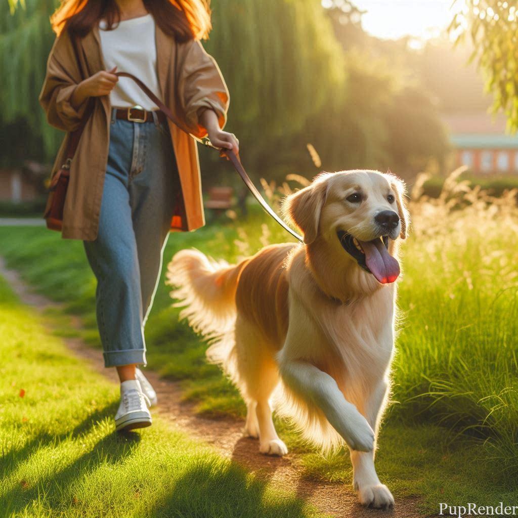 Dog happily walking outside with owner