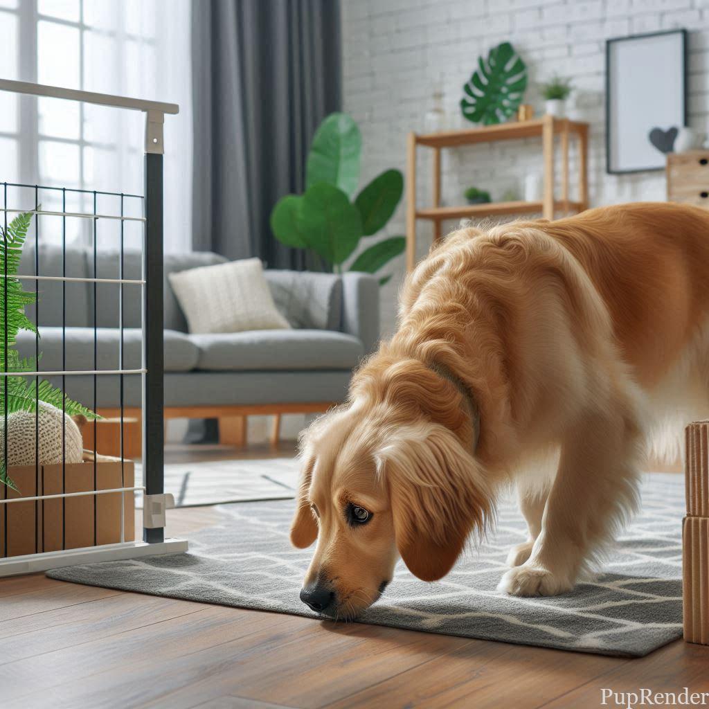 Dog sniffing around a new living room.