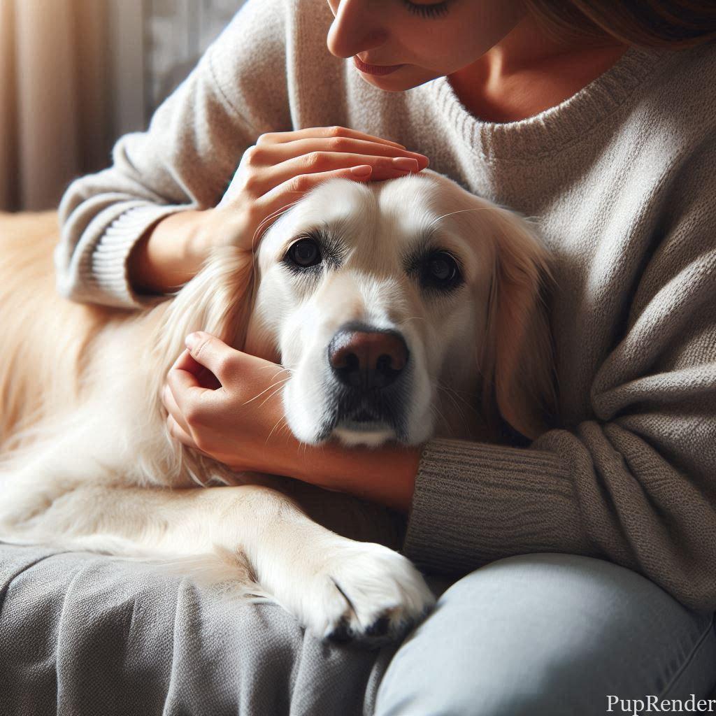 Dog calming down with a comforting owner