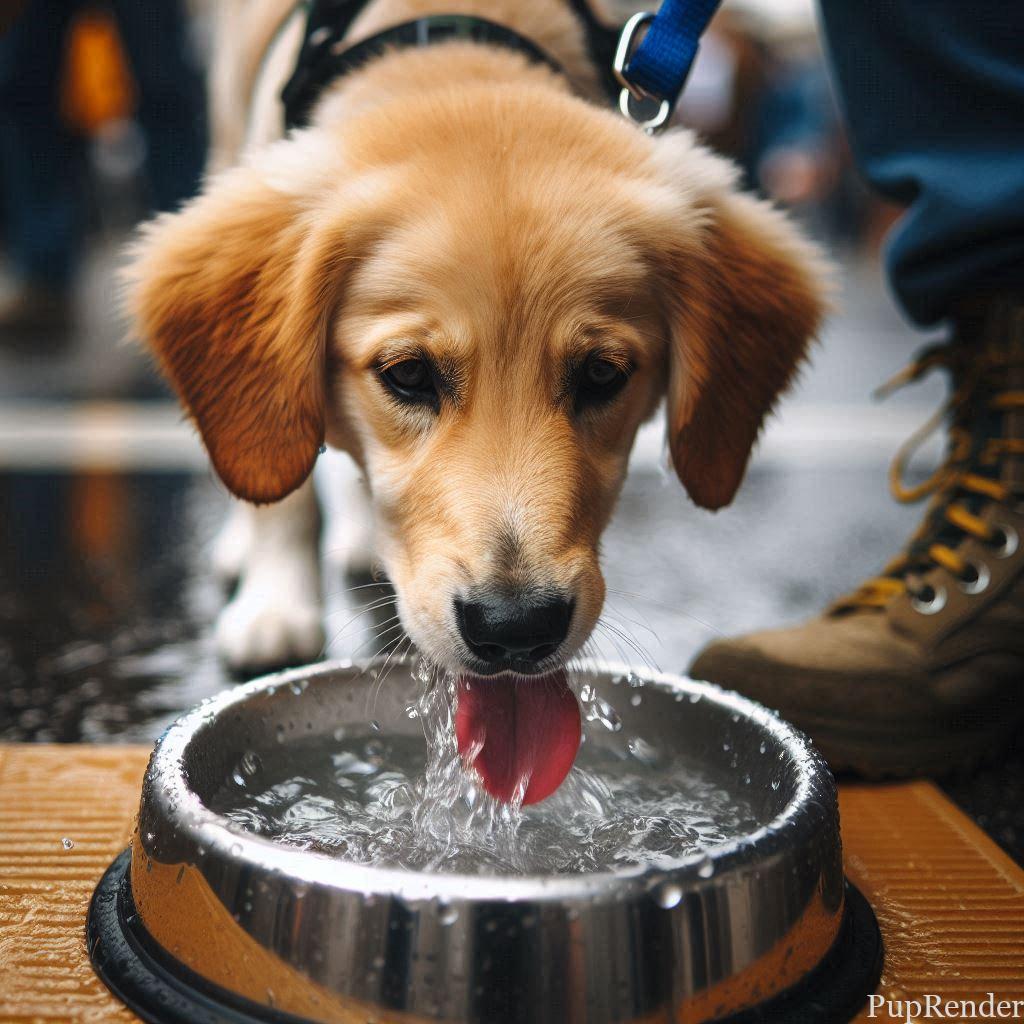 Dog drinking water from a bowl.