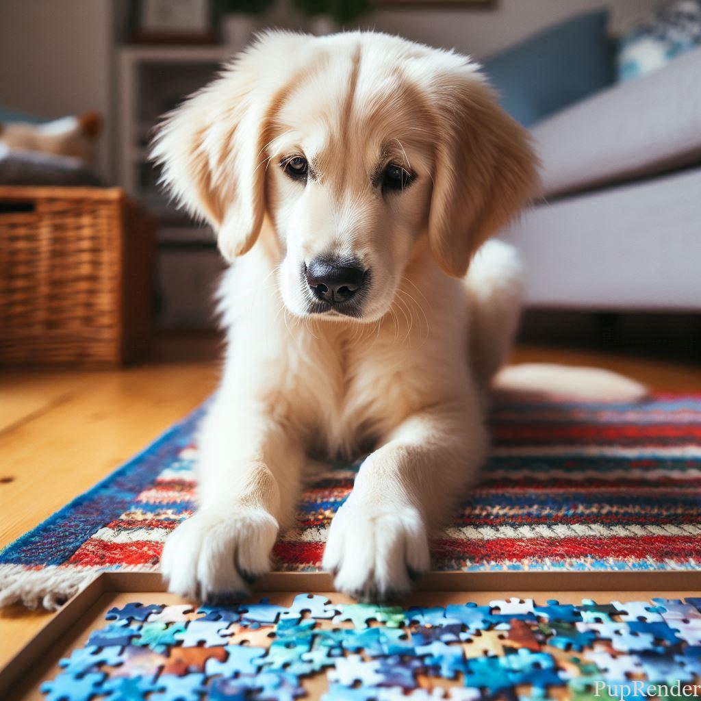 Dog playing with a puzzle