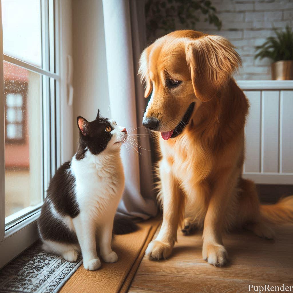 Dog and cat meeting for the first time in a controlled environment.
