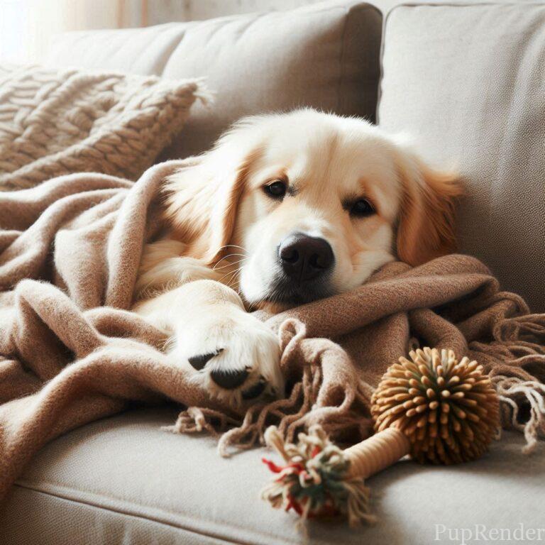 Dog in a cozy corner with a blanket.