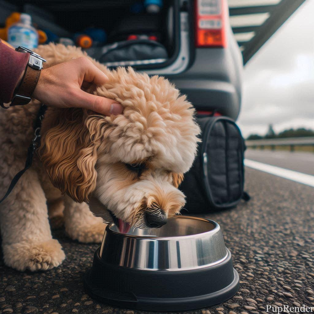 A dog eating from a travel bowl during a pit stop.