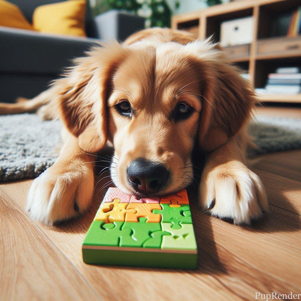 Dog solving a puzzle toy.