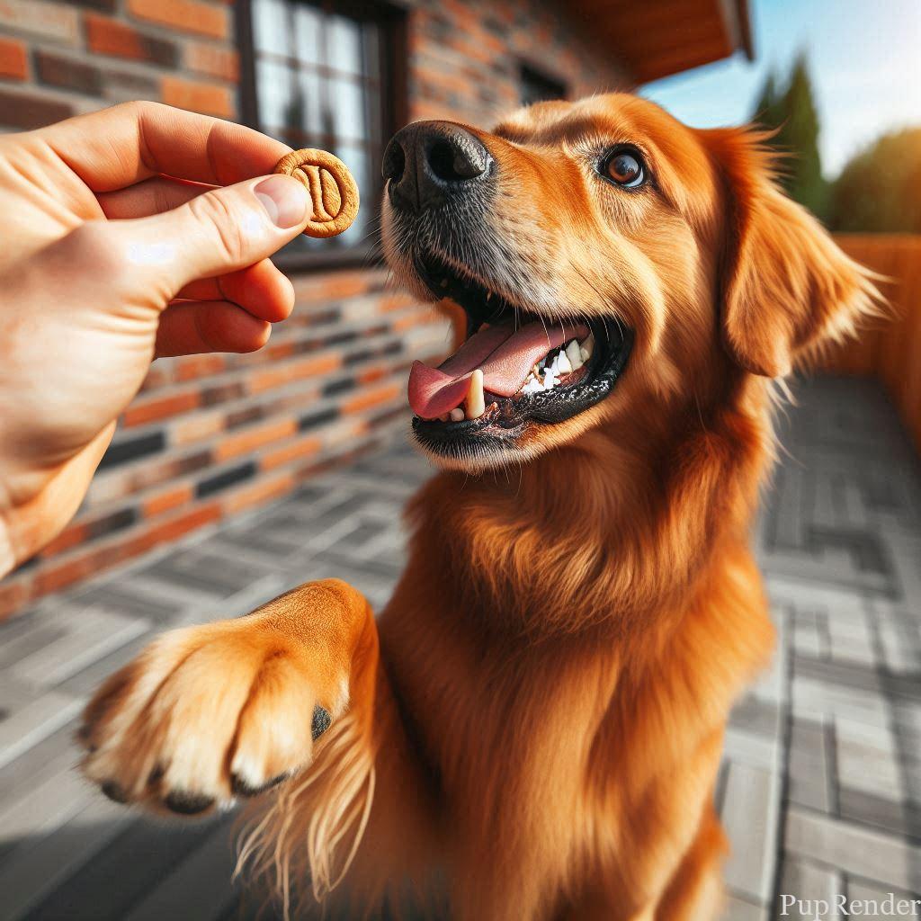 Dog receiving a treat during training.