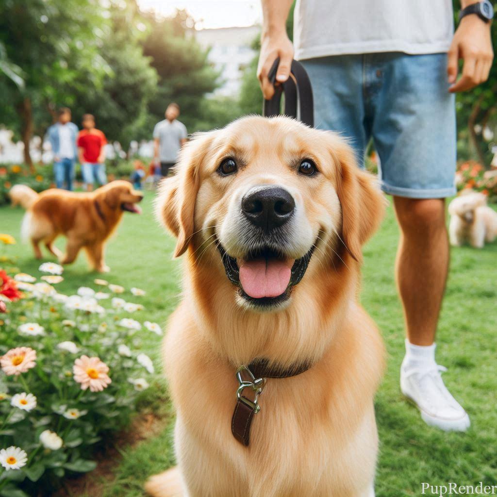 Dog on a leash during a walk.