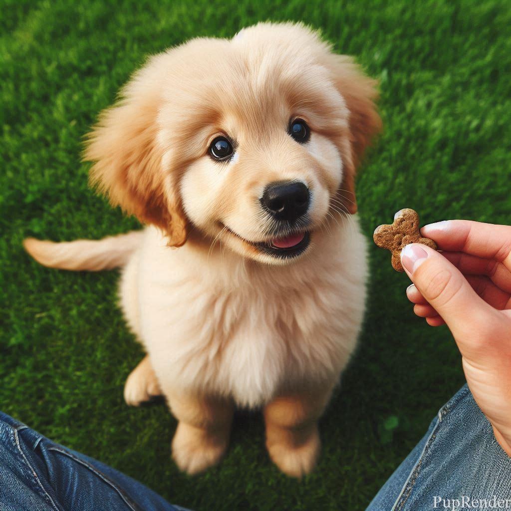 Puppy receiving treats during training.