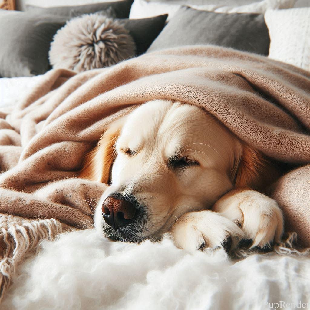 Dog relaxing in a cozy bed.