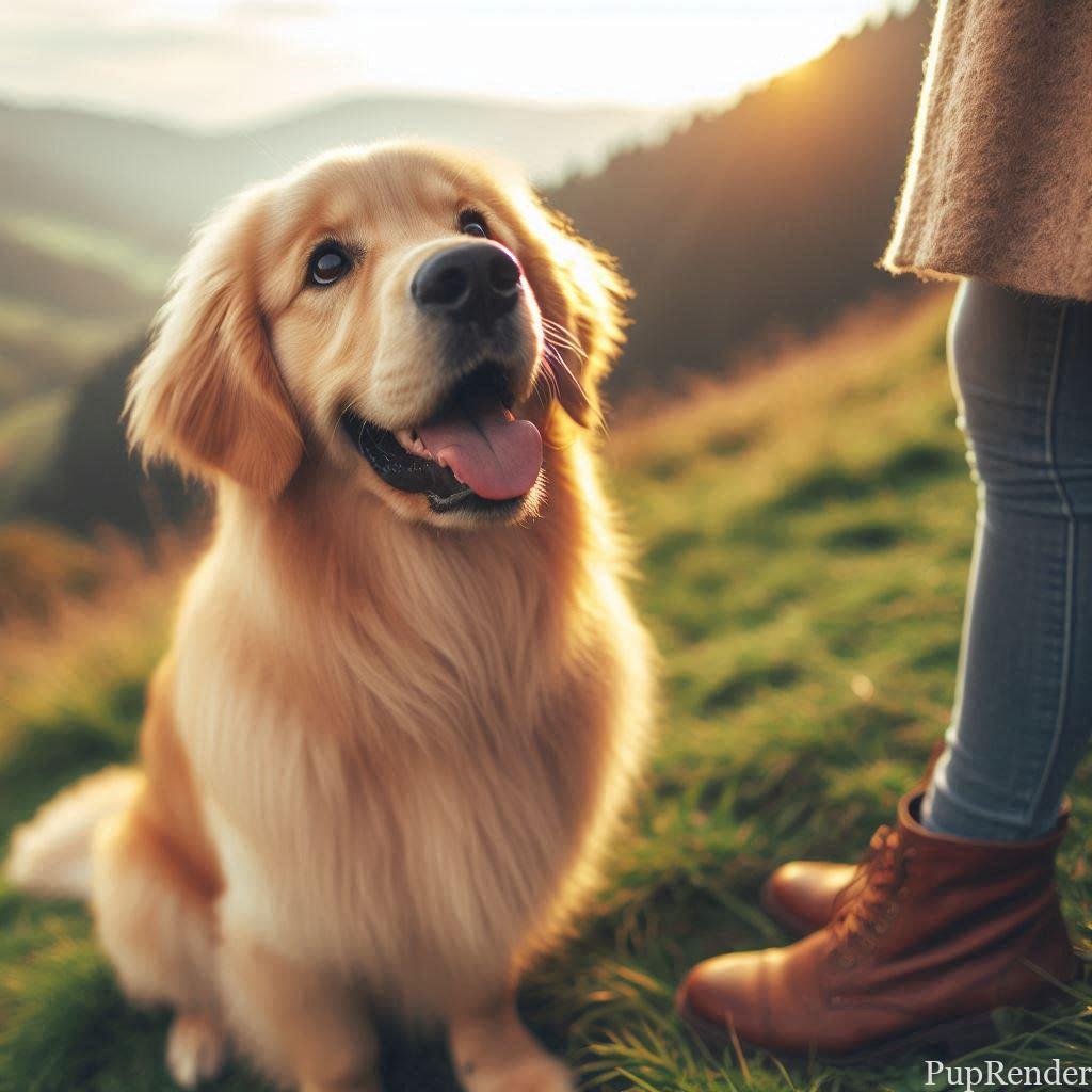 A brown and white dog smiles while looking directly at the camera.