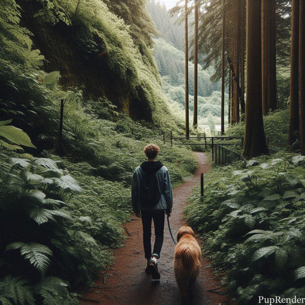 A person walking their dog on a trail surrounded by greenery.