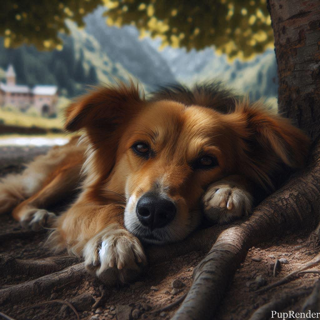 Dog resting in the shade under a tree.