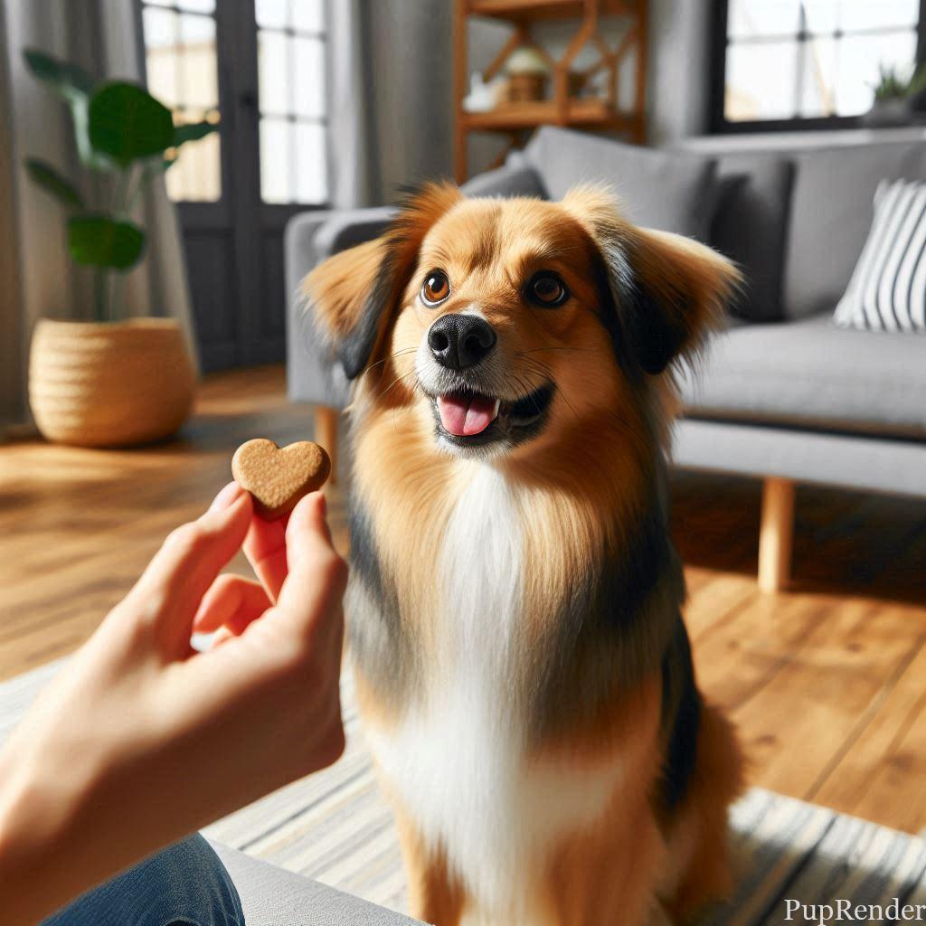 Dog sitting while its owner gives a hand signal