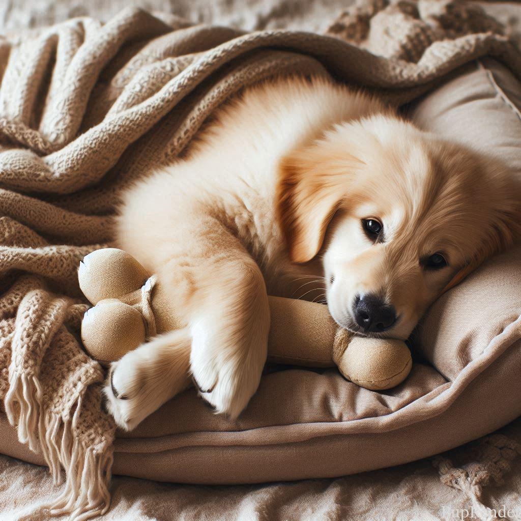 Dog lying on its bed with toys in a new home.