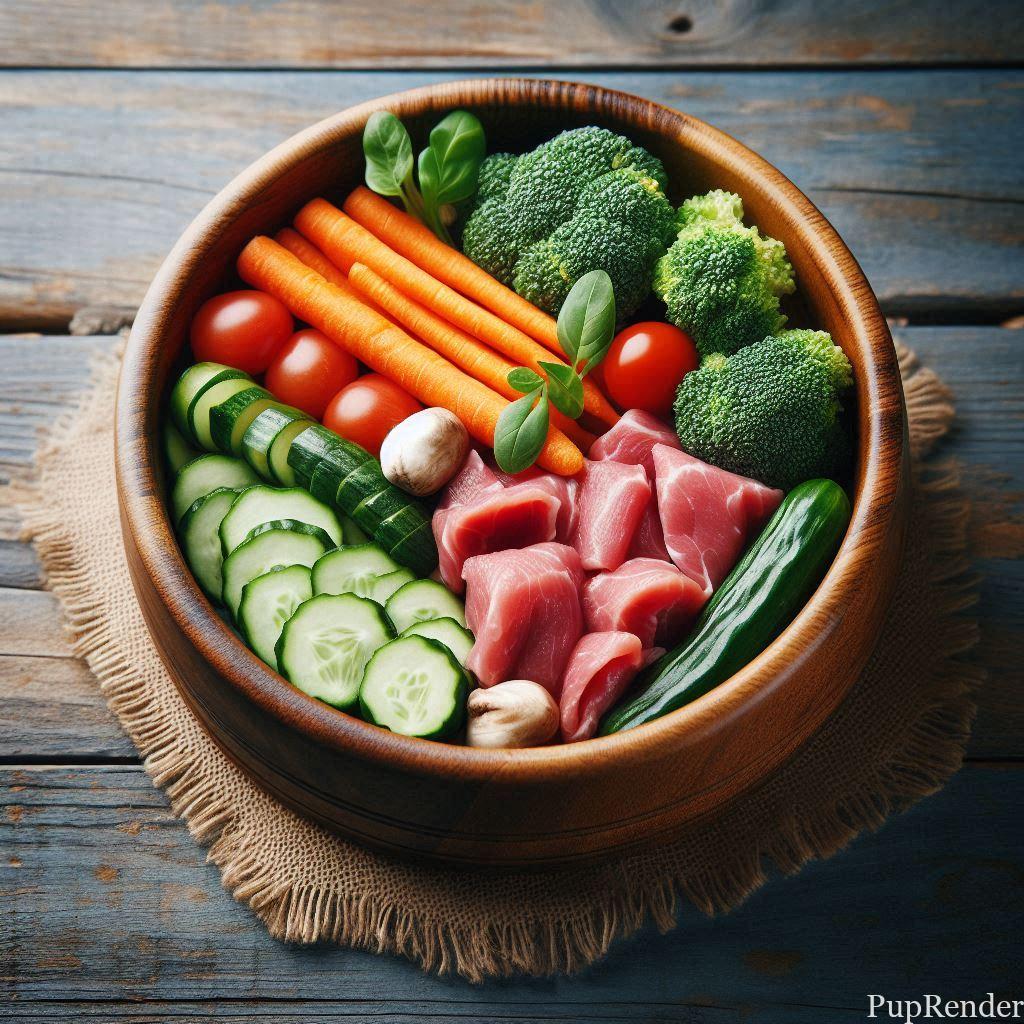 Dog bowl filled with fresh vegetables and lean meat