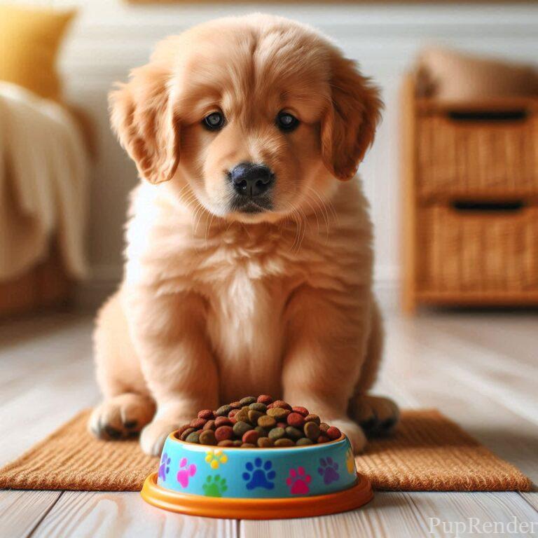 Overweight dog looking at a bowl of food