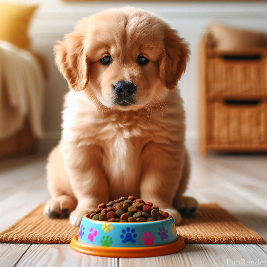 Overweight dog looking at a bowl of food