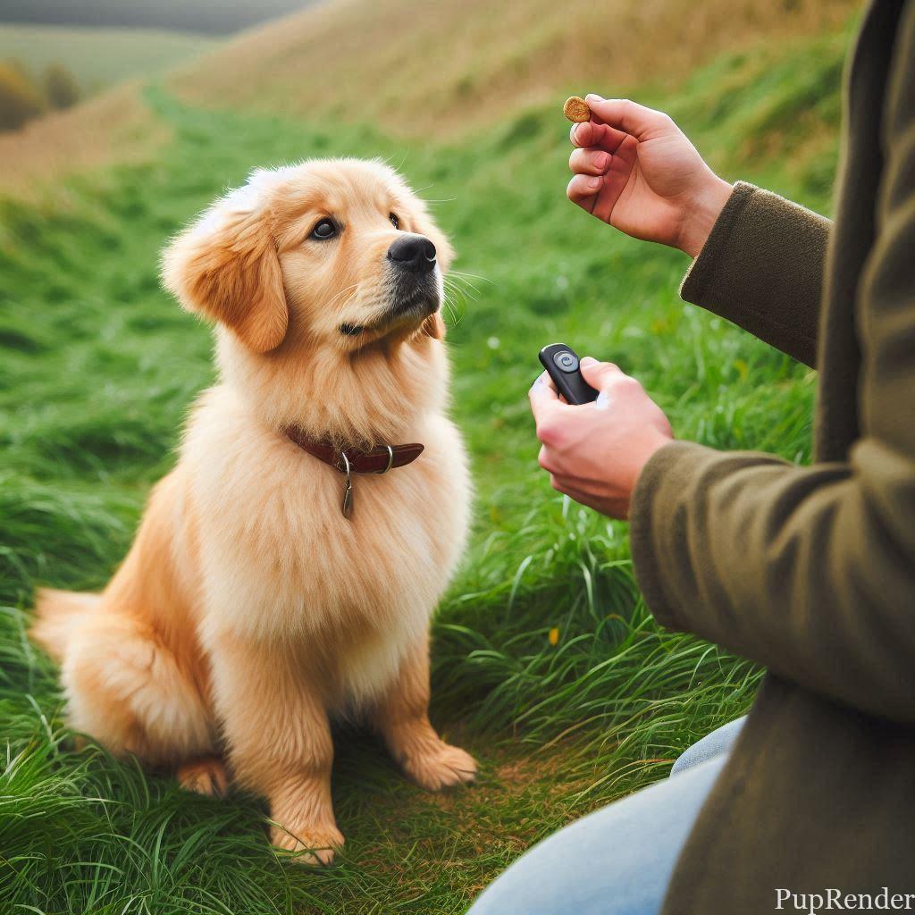 Dog holding a clicker training device